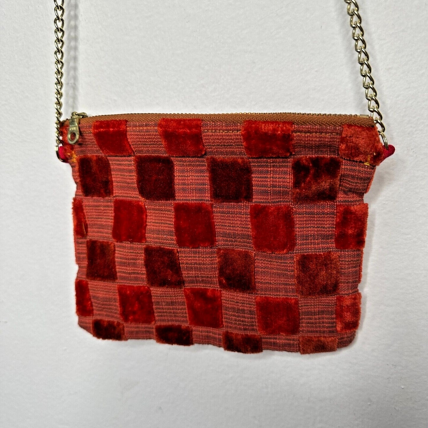 Rust Orange Velvet Checked Gold Chain Strap Zipper Top Slim Mini Purse