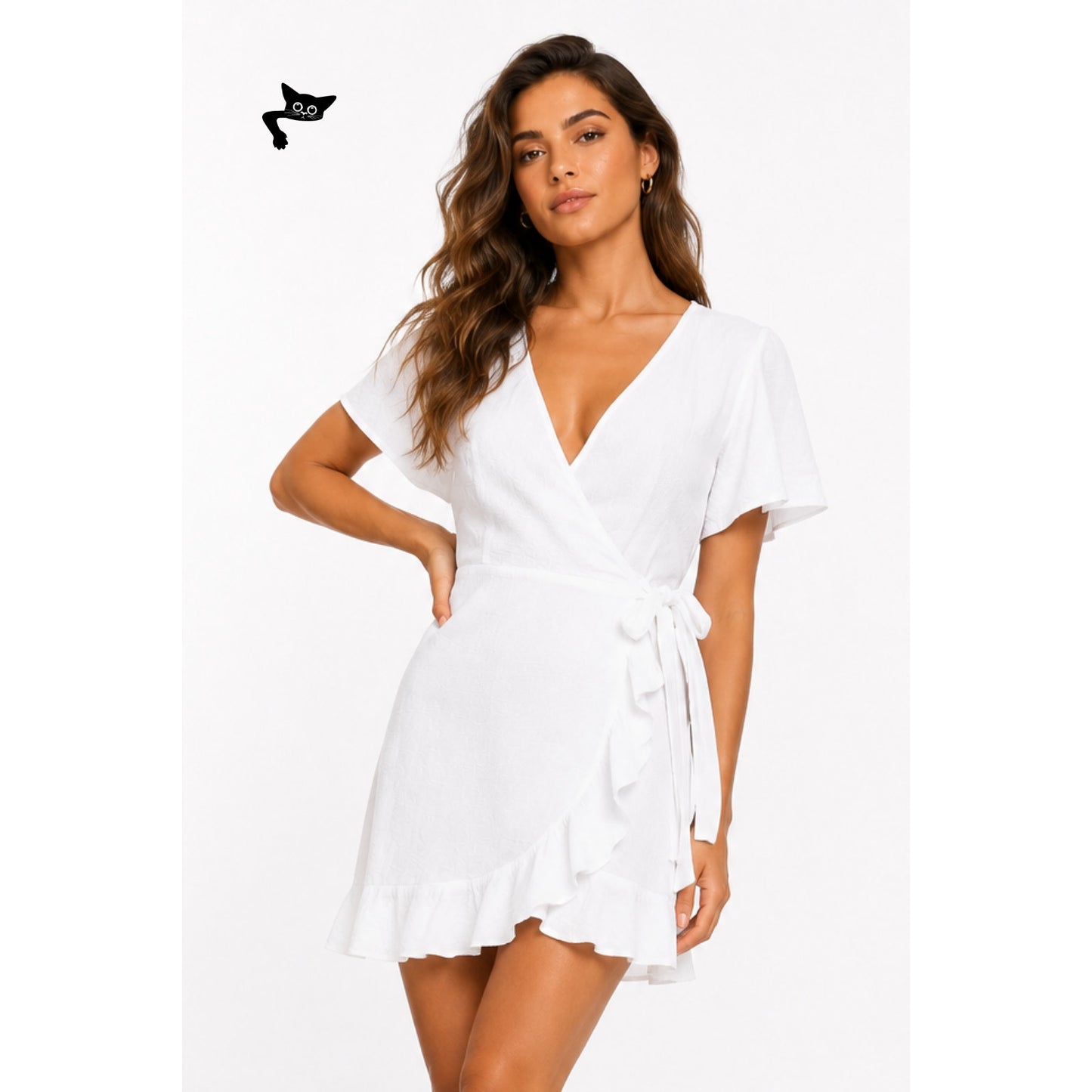 SHEIN White Cotton Wrap Mini Dress Short Sleeve Ruffle Hem Women's S