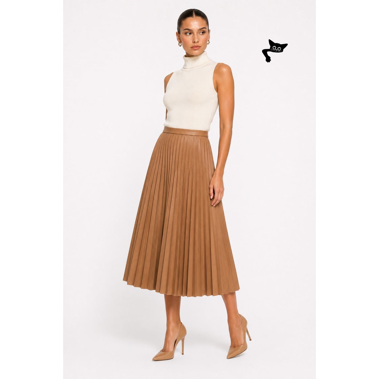 August Getty Atelier Accordion Pleat Leather Maxi Skirt Tan Women's US 4