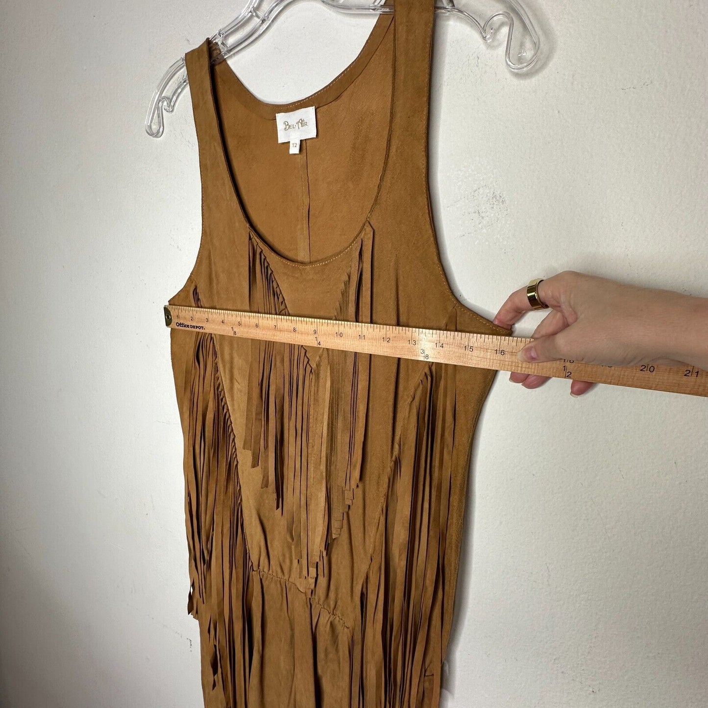 Belair Calvi Camel-Tan Goat Suede Sleeveless Fringed Scoop Neck Mini Dress T2