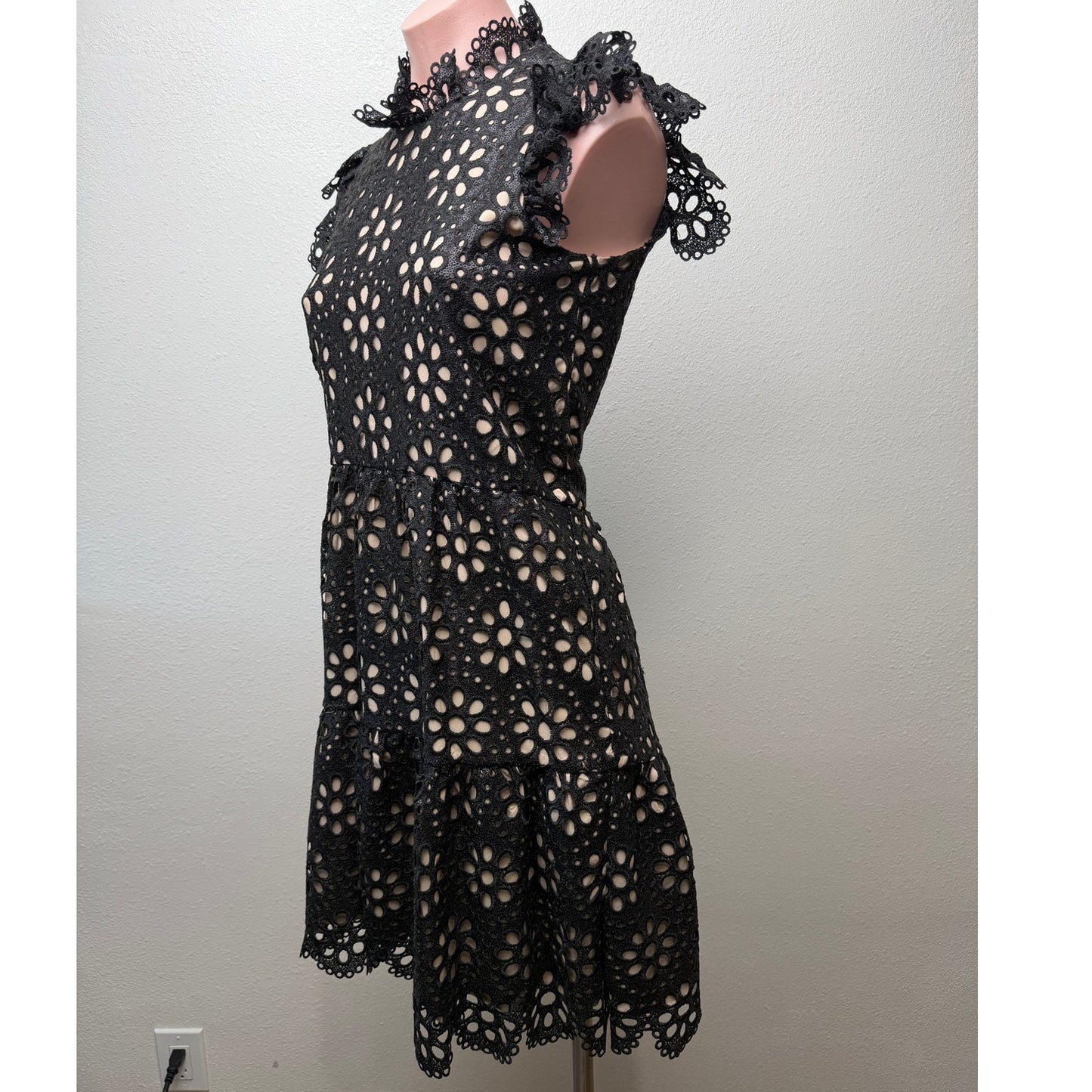 Sea New York Black Eyelet Lace Mock Neck Ruffle Dress US 0