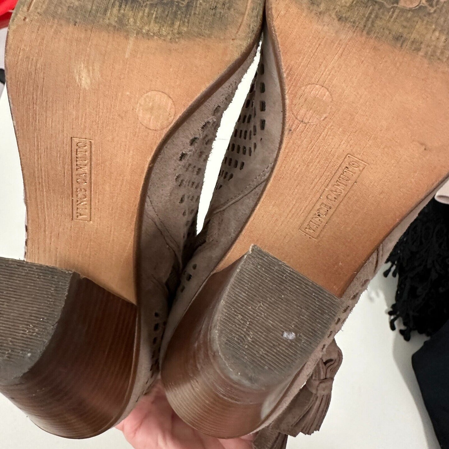 Vince Camuto Kamey Tan Taupe Suede Laser Cut Open Toe Tie Tassel Zip Booties 5.5