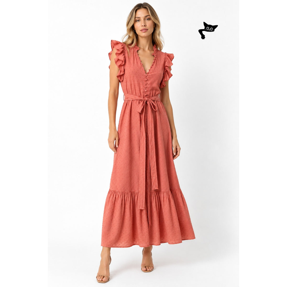 Outerknown Canyon Ruffle Maxi Dress Coral Swiss Dot Cotton Women's US XS