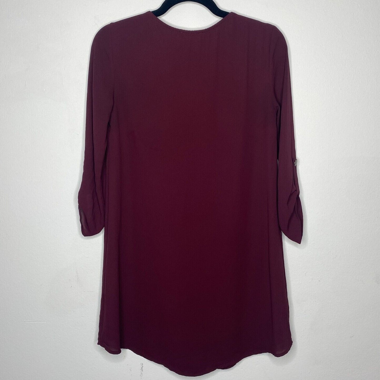 Lush Inverted Pleat V-Neck Plum Drapey Shirt Tail Dress 3/4 Tab Sleeves XS