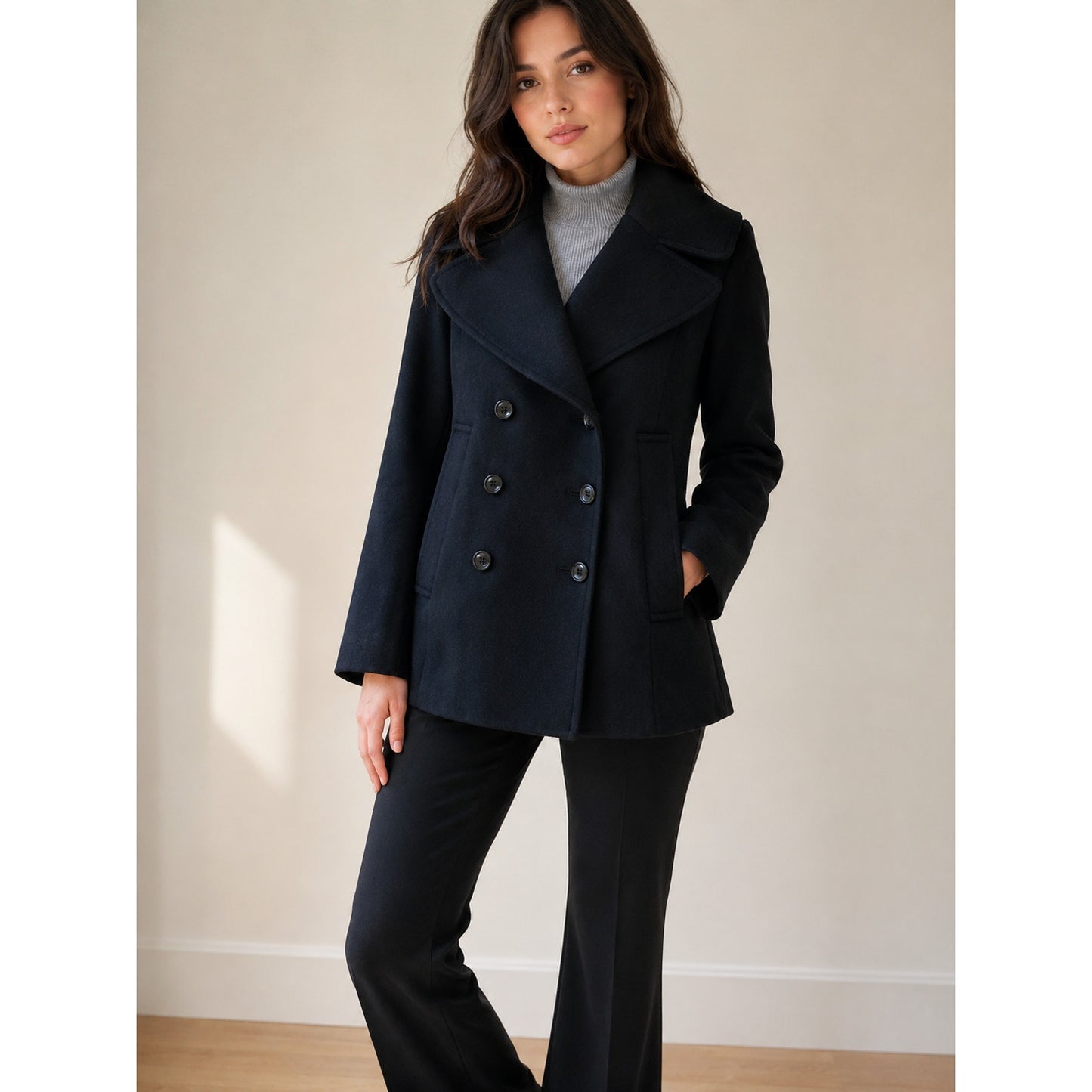 Burberry London Black Double Breasted Cashmere Wool Blend Pea Coat Jacket 8
