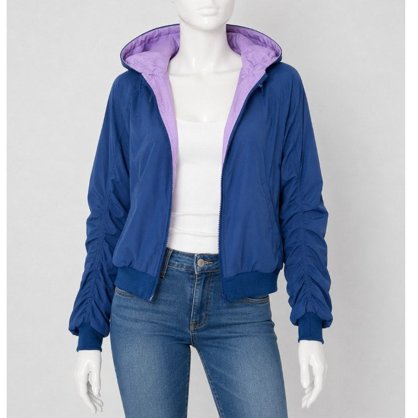 Lite Weight Blue & Lilac Reversible Zip Hoodie Windbreaker Jacket Ruche Sleeves