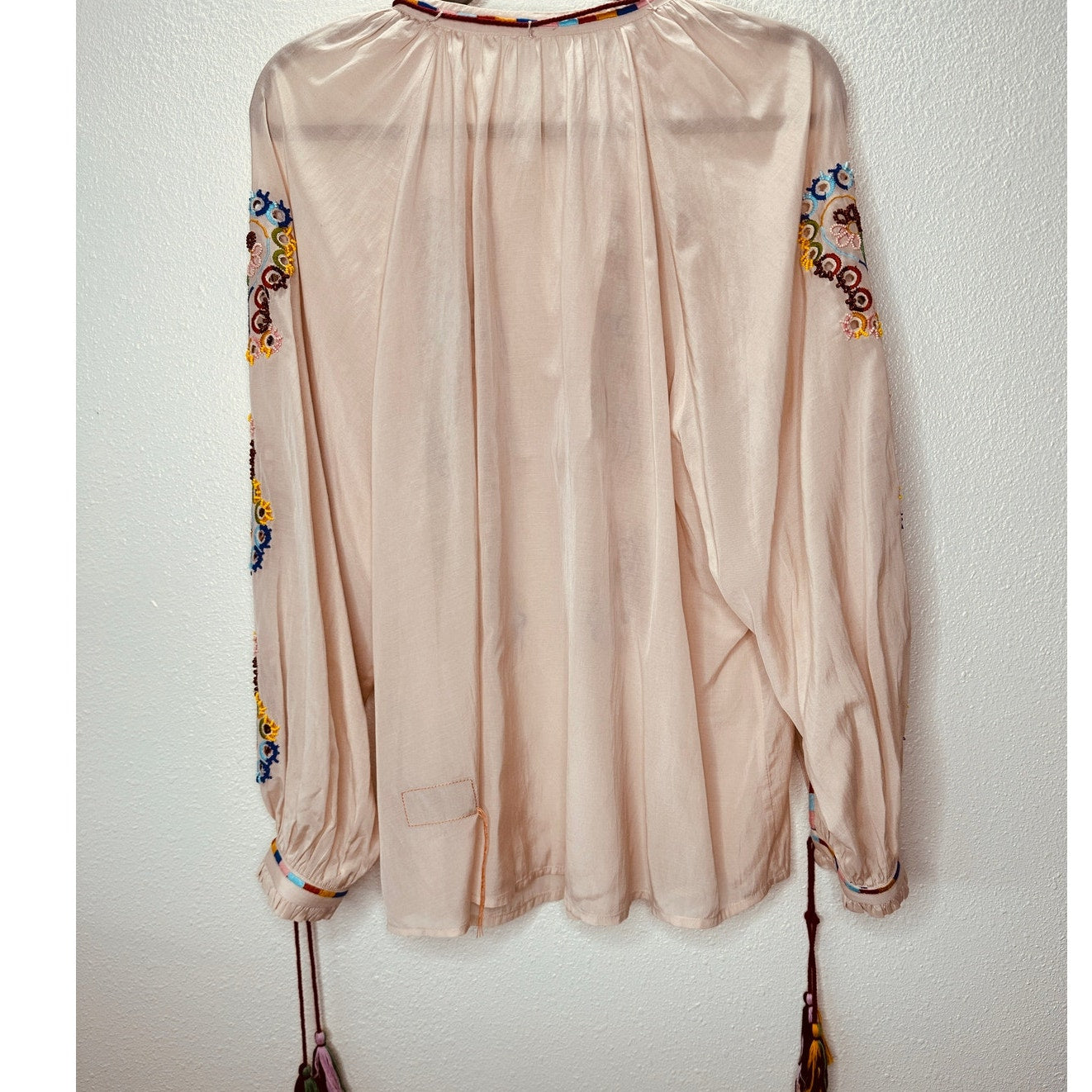 Fortela Ghodsi Tan Multicolor Beade Embroider Print Peasant Blouse 40