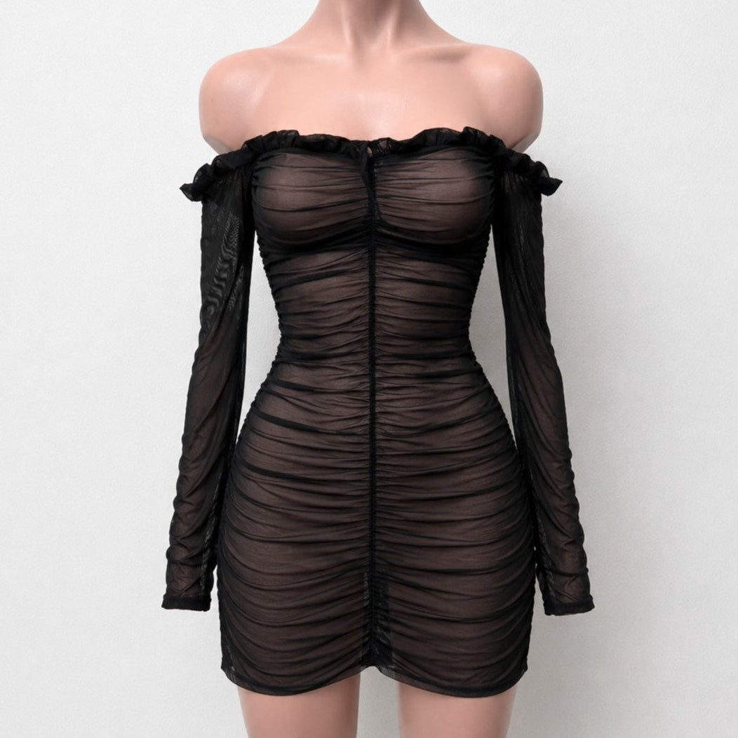 NWT Black and Nude Maura Mesh Ruched Off-Shoulder Long Sheer Sleeve Mini Dress M