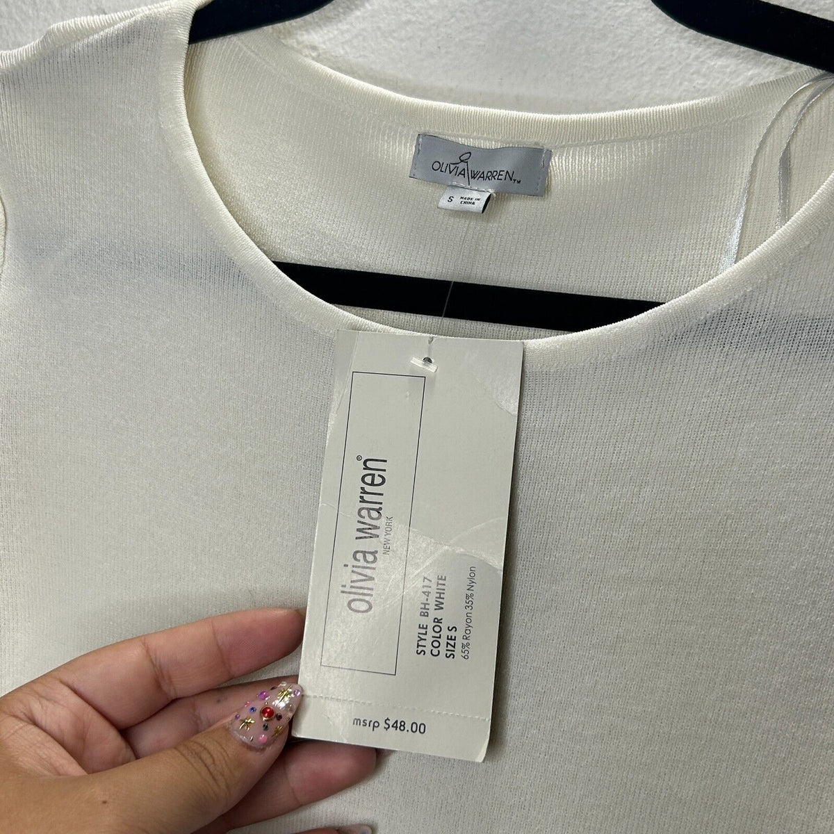 NWT Olivia Warren Off-White Round Neck 3/4 Grommet Tie-Sleeve Sweater Small