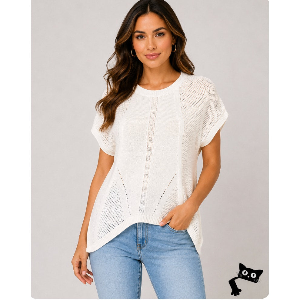 White Ivory Knit Asymmetrical Round Neck Short Sleeve Sweater S
