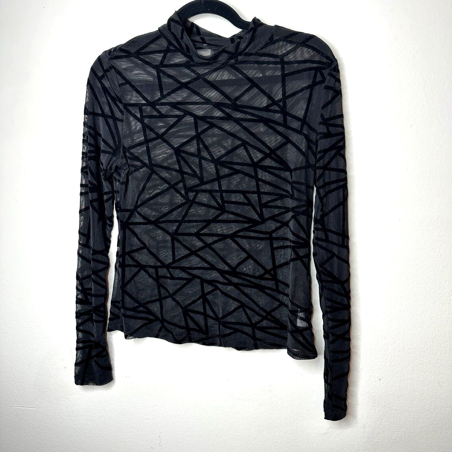 Jet Black Geometric Stripe Sheer Mesh Long Sleeve Mock Neck Stretch Blouse M