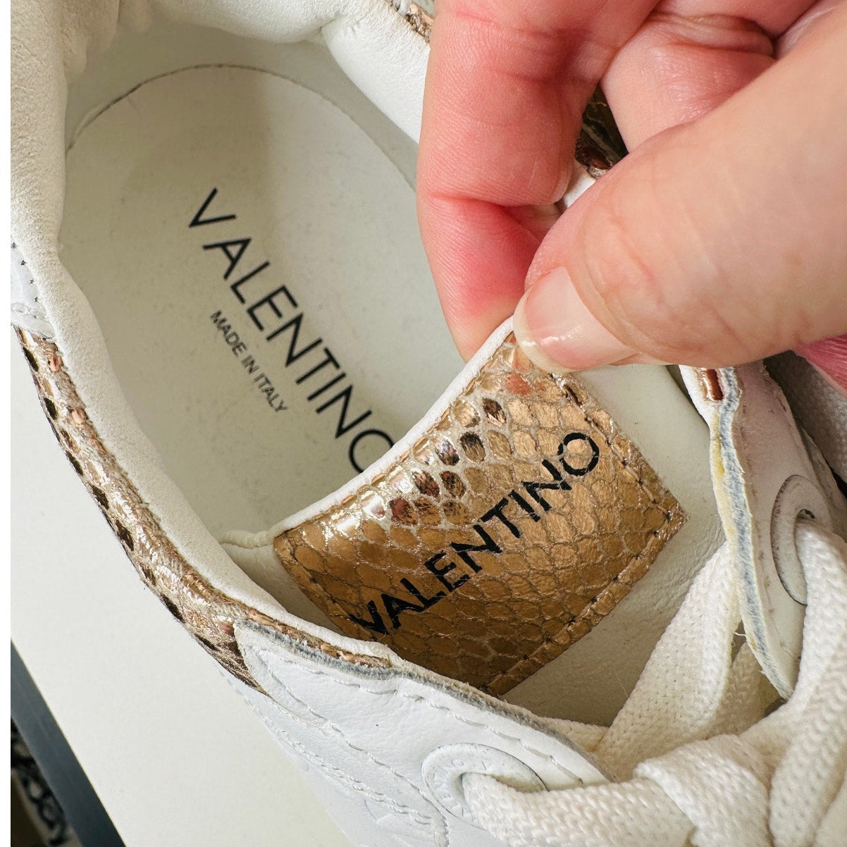 Valentino Minerva Monogram White & Rose Gold Leather Lace Sneaker 9