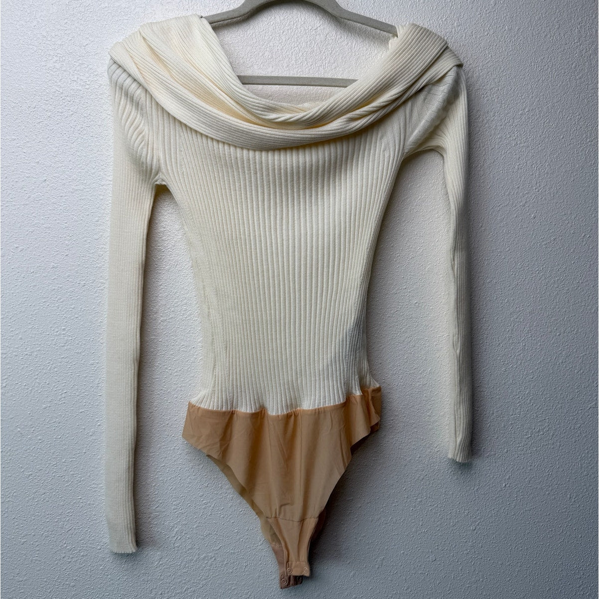 Wolford x Simkhai Ribbed Off Shoulder Wool Bodysuit Cream S