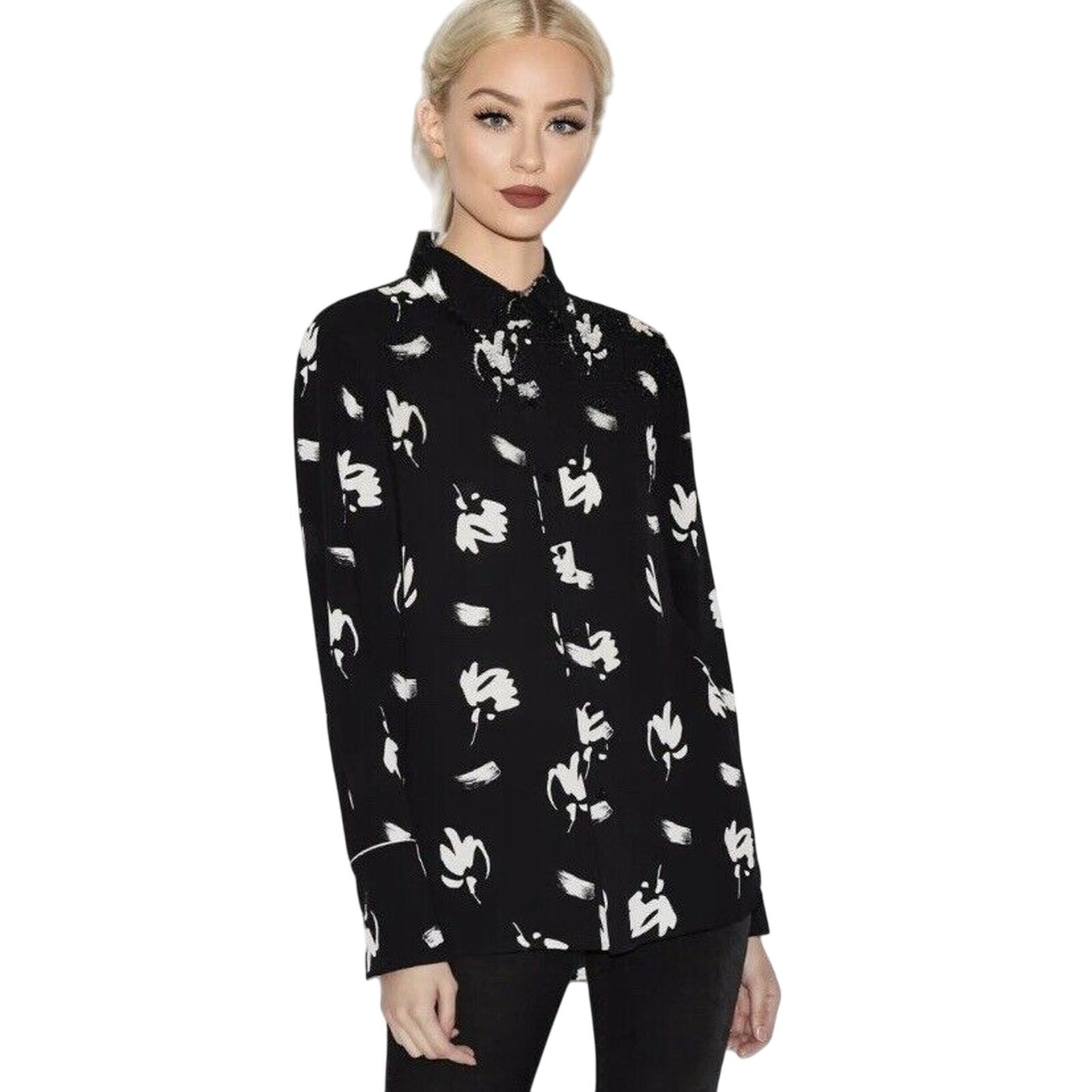 NWT Armani Exchange Black White Floral Long Sleeve Button Shirt XS