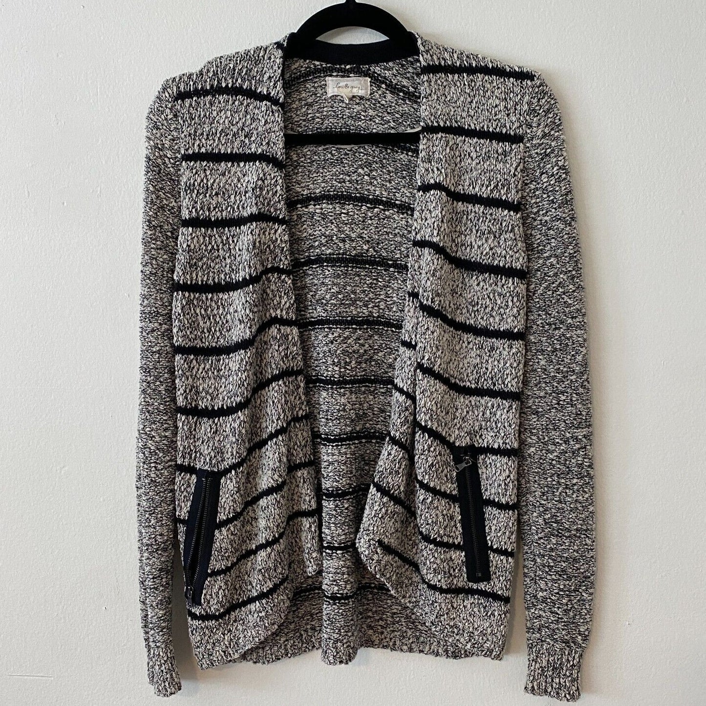 Lou & Grey Chunky Knit Black & Gray Off White Stripe Open Cardigan Zip Pocket XS