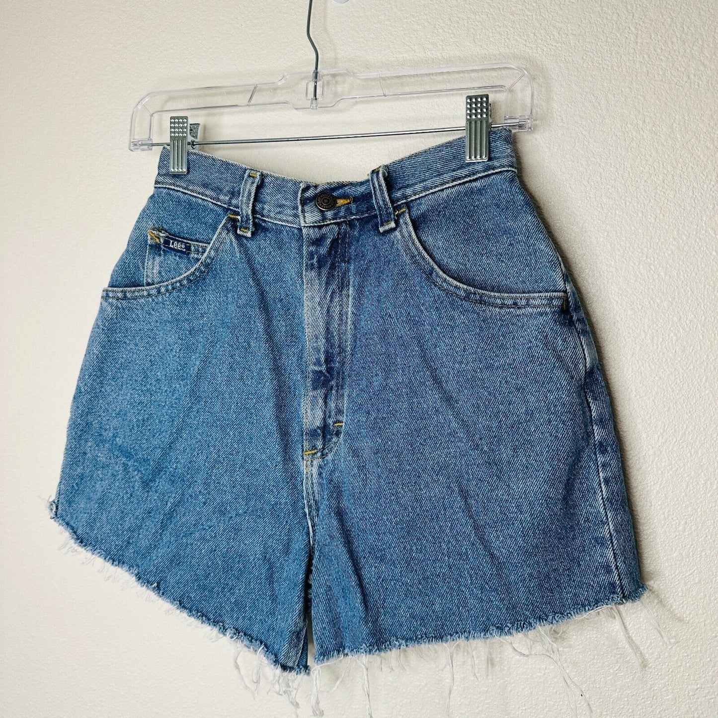 Lee Light Medium Blue Wash High Waist Raw Hem High Rise Jean Shorts 10