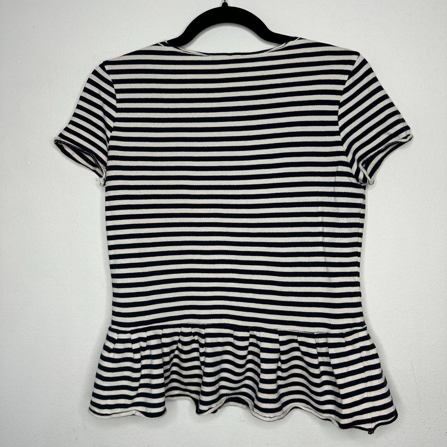 MNG Mango Black White Stripe I Do What Makes Me Happy Short Sleeve Ruffle Tee SM