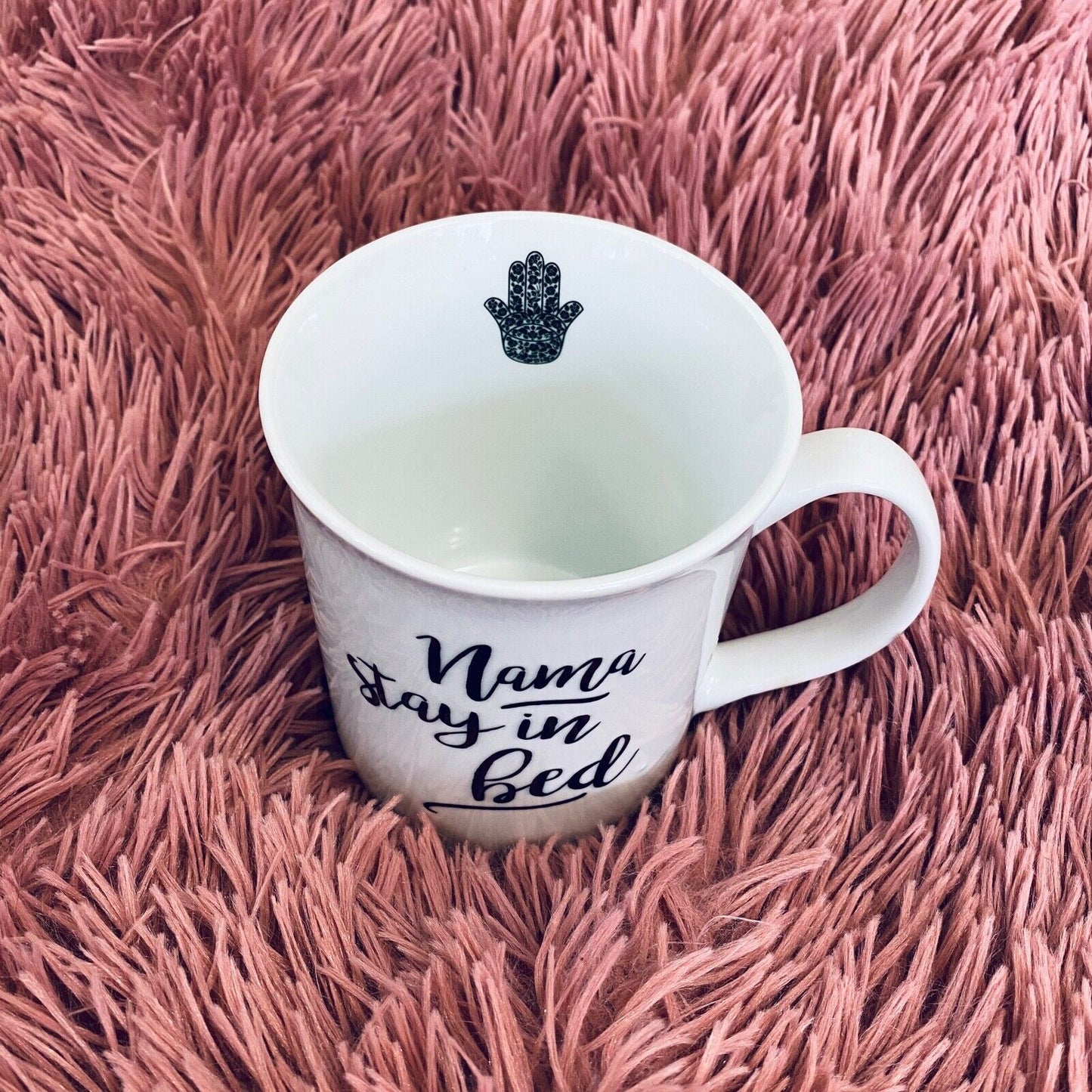 Fringe California Yoga Nama Stay in Bed 16 oz Mug Cup Black and White Yoga Hamsa