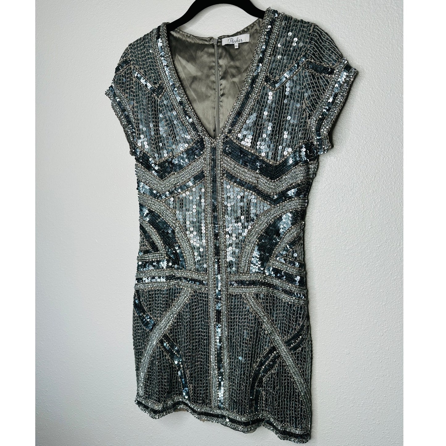 Parker Gray Silver & Rose Gold Sequin Aztec Print V-Neck Cap Sleeve Mini Dress S