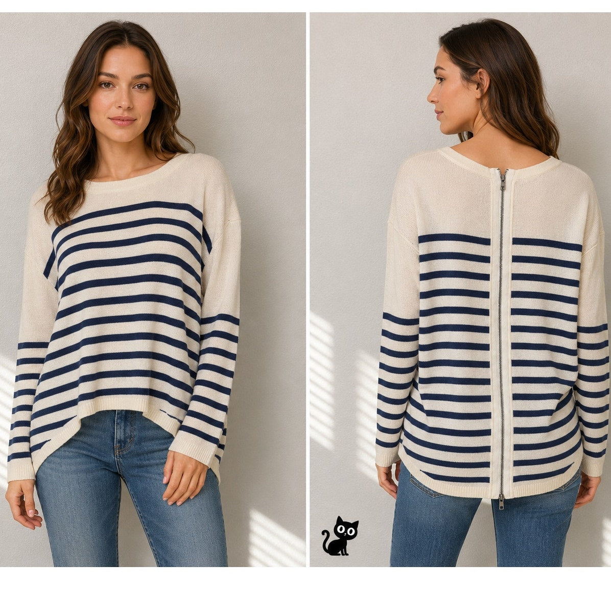 Vince Striped Sweater Cream Navy Women's US L High Low Back Zip
