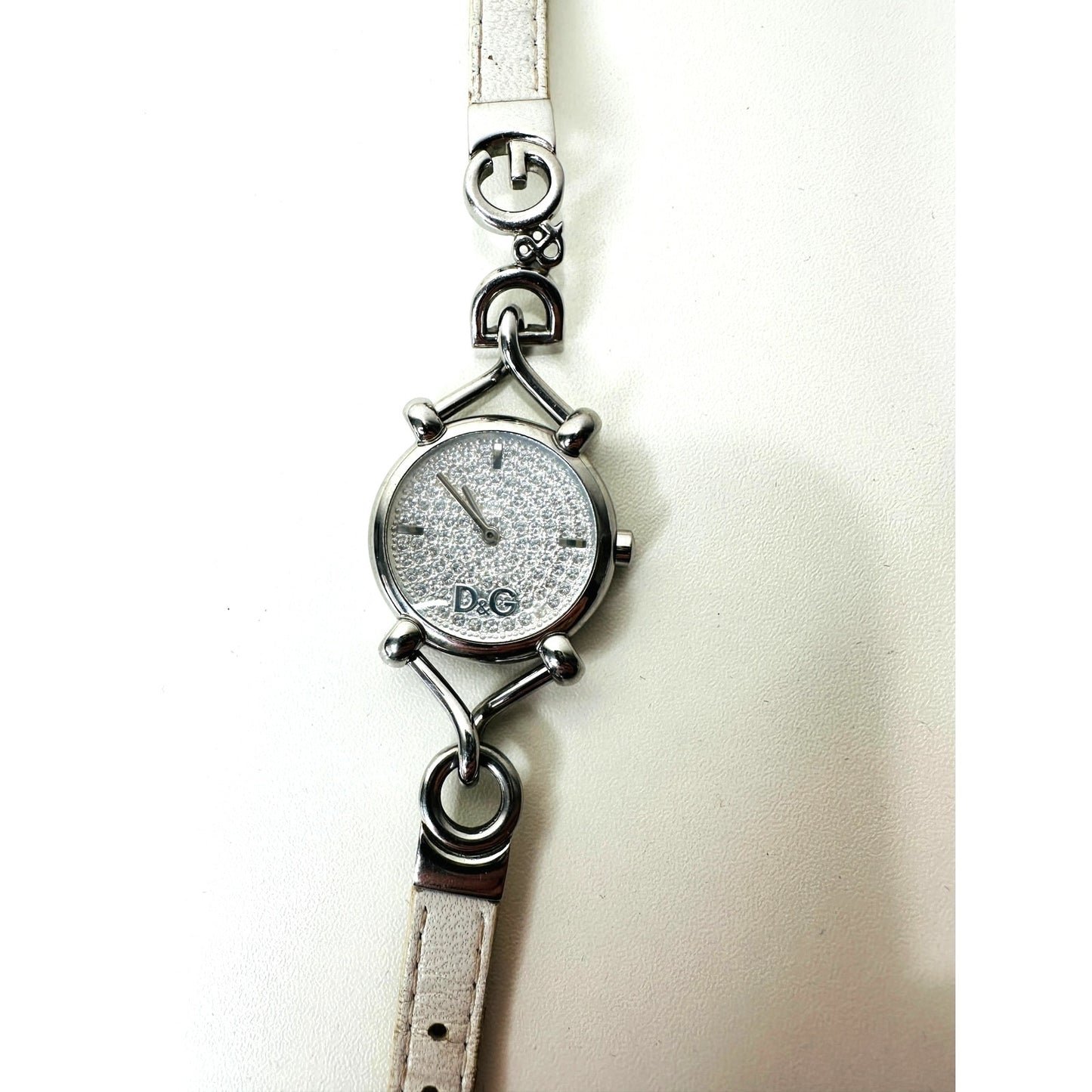 Dolce & Gabbana Ladies Silver Flock Diamante Quartz Watch White Band