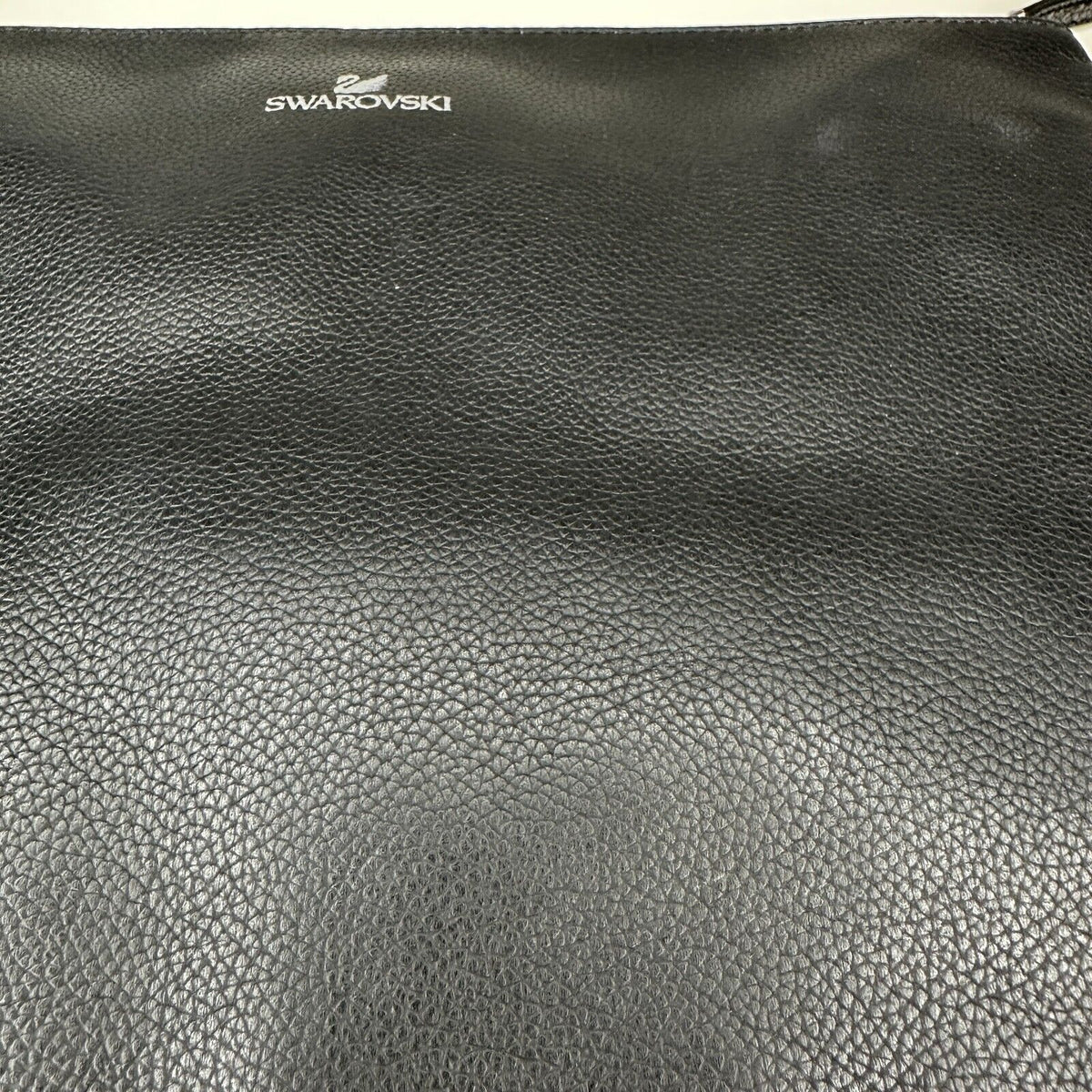 NIB Swarovski Black Quilted Leather & Crystals Zip Close Leather Strap Clutch