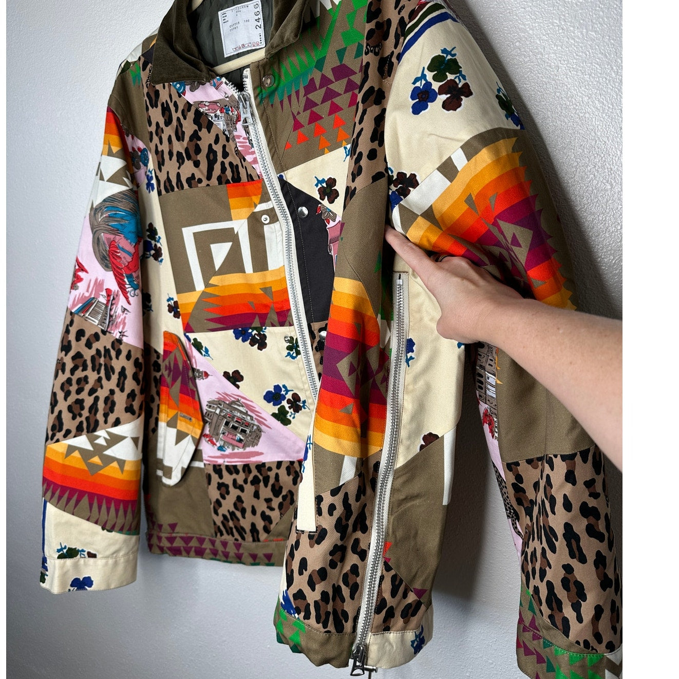 Sacai Tan Animal Mixed Print Patchwork Cotton Velvet Collar Zip Jacket 4 / XL
