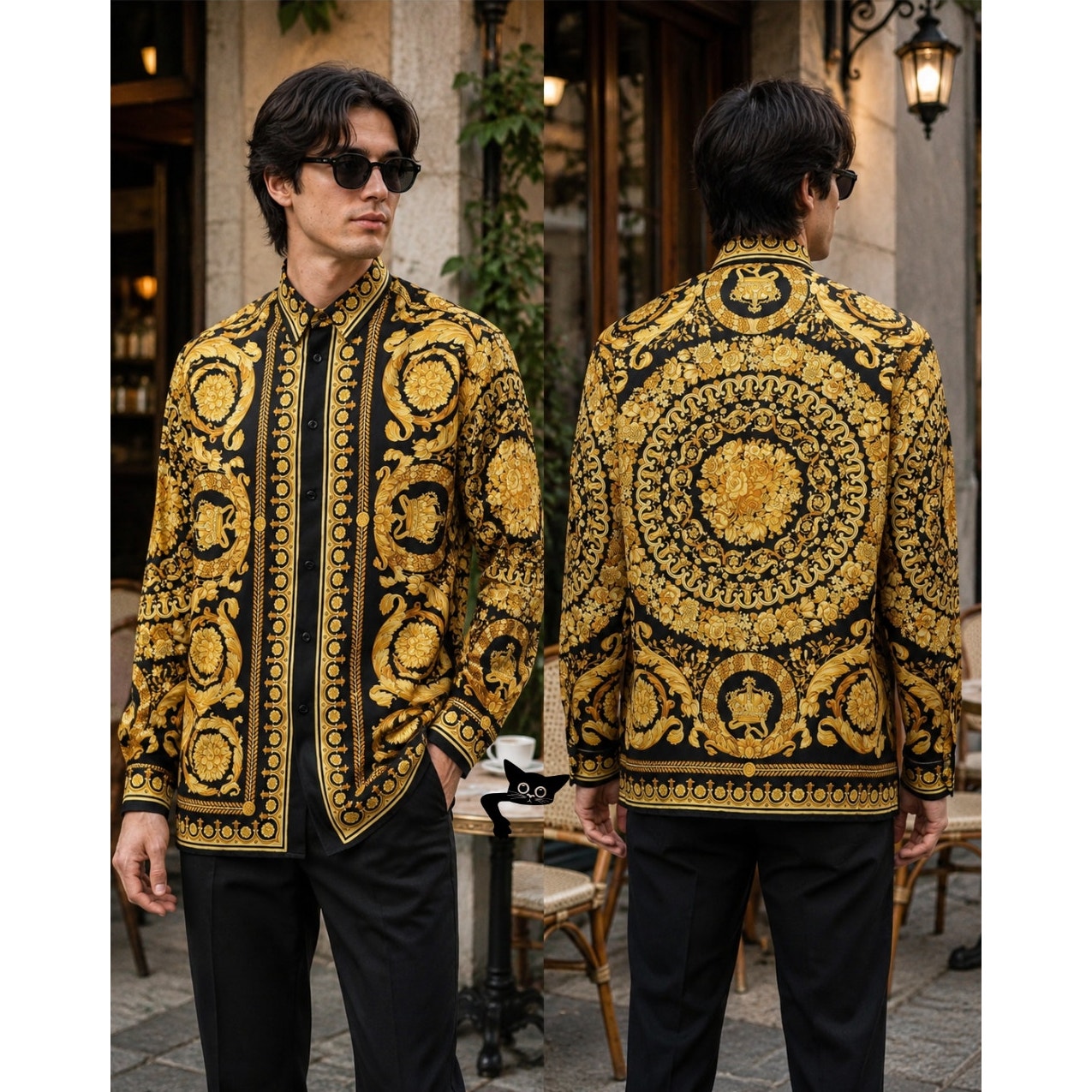 Gianni Versace Men's XL Black Gold Baroque Silk Shirt