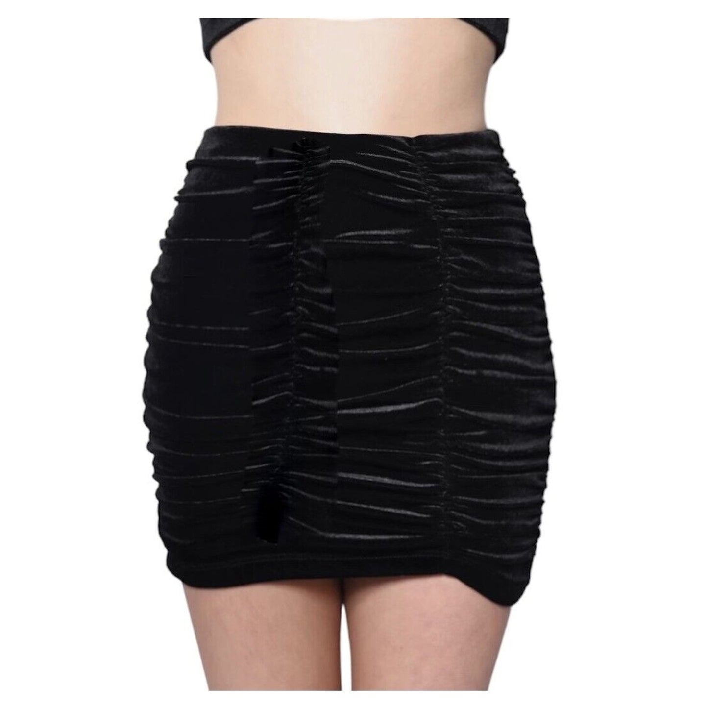 Solid Jet Black Sexy Ruched Velvet Mini Skirt Zip Back Stretch Medium