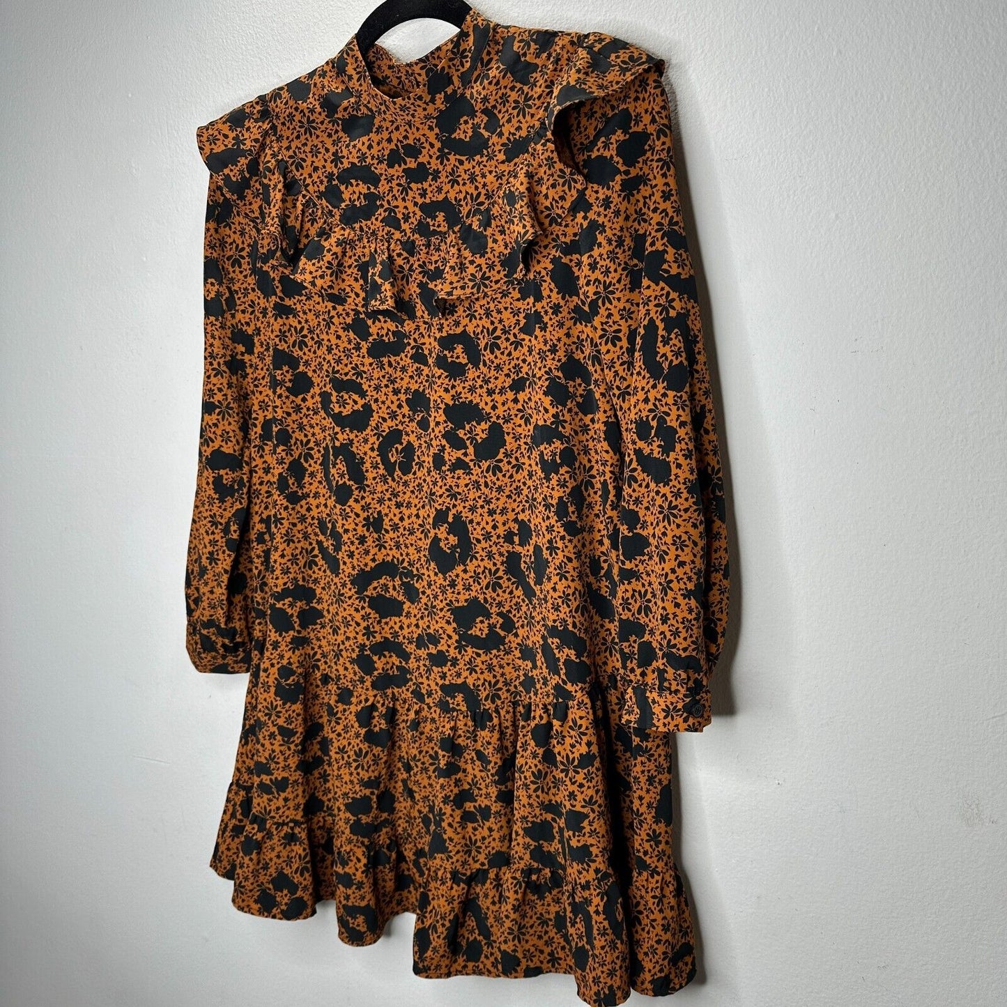 NWT Burnt Orange & Black Floral High Neck Ruffle Long Sleeve Dress 2