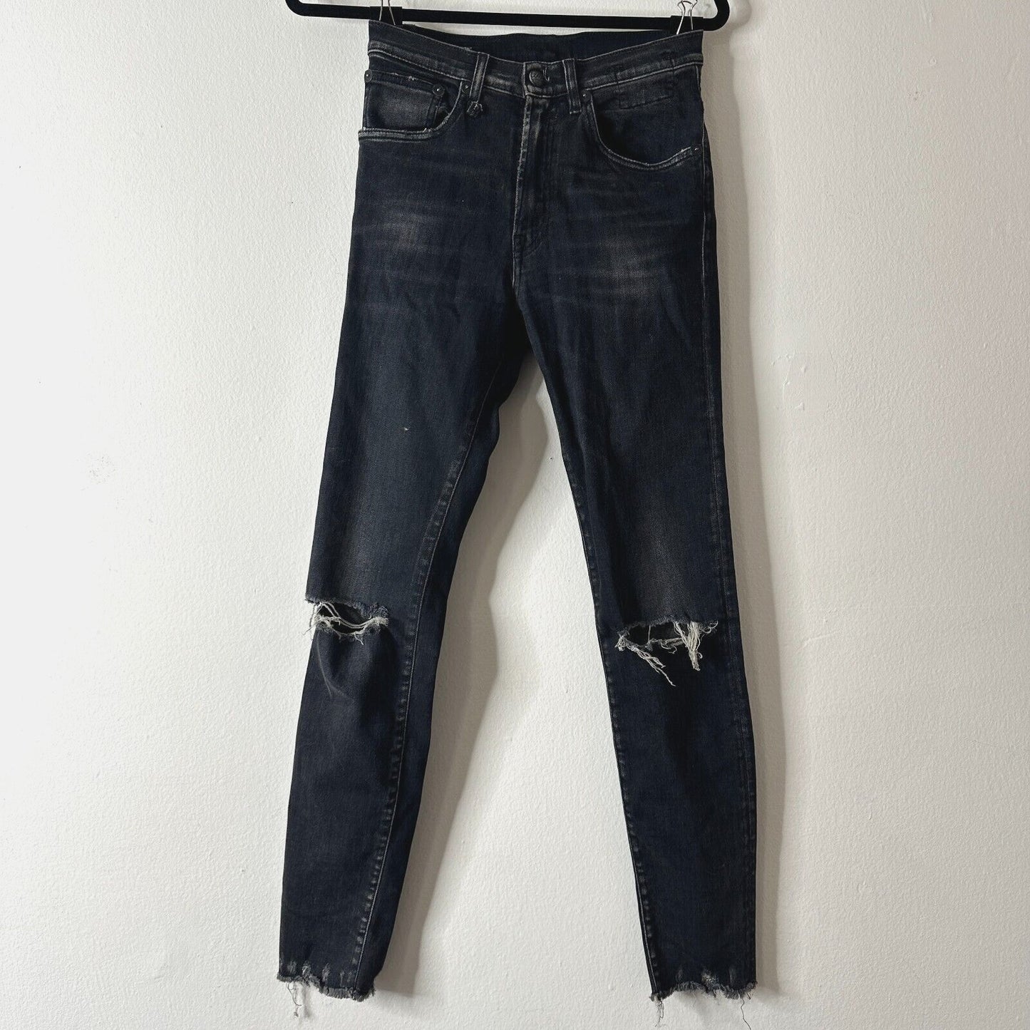 R13 High Rise Aiden Black Stone Wash Skinny Jeans Distressed Knees & Hem Size 26