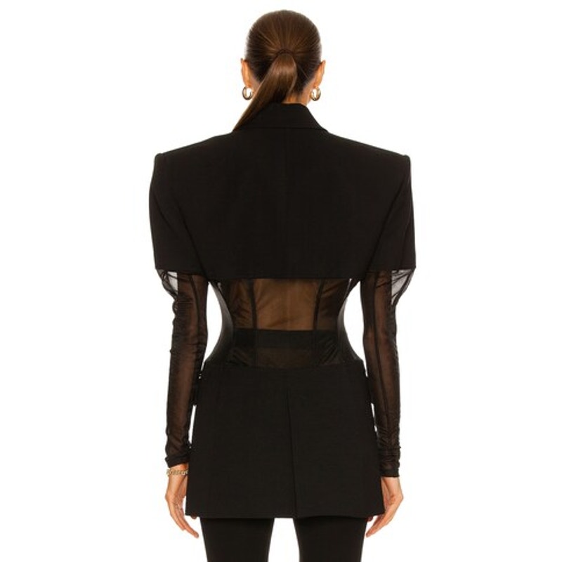 Mugler Black Corseted Blazer Sheer Mesh Sleeves Waist US 8
