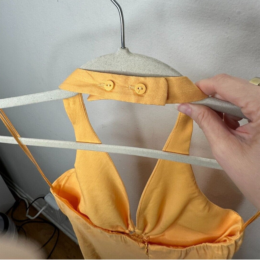 Zara Mustard Yellow Halter V-Neck Sun Dress O-Ring Cutout Front Open Back Small