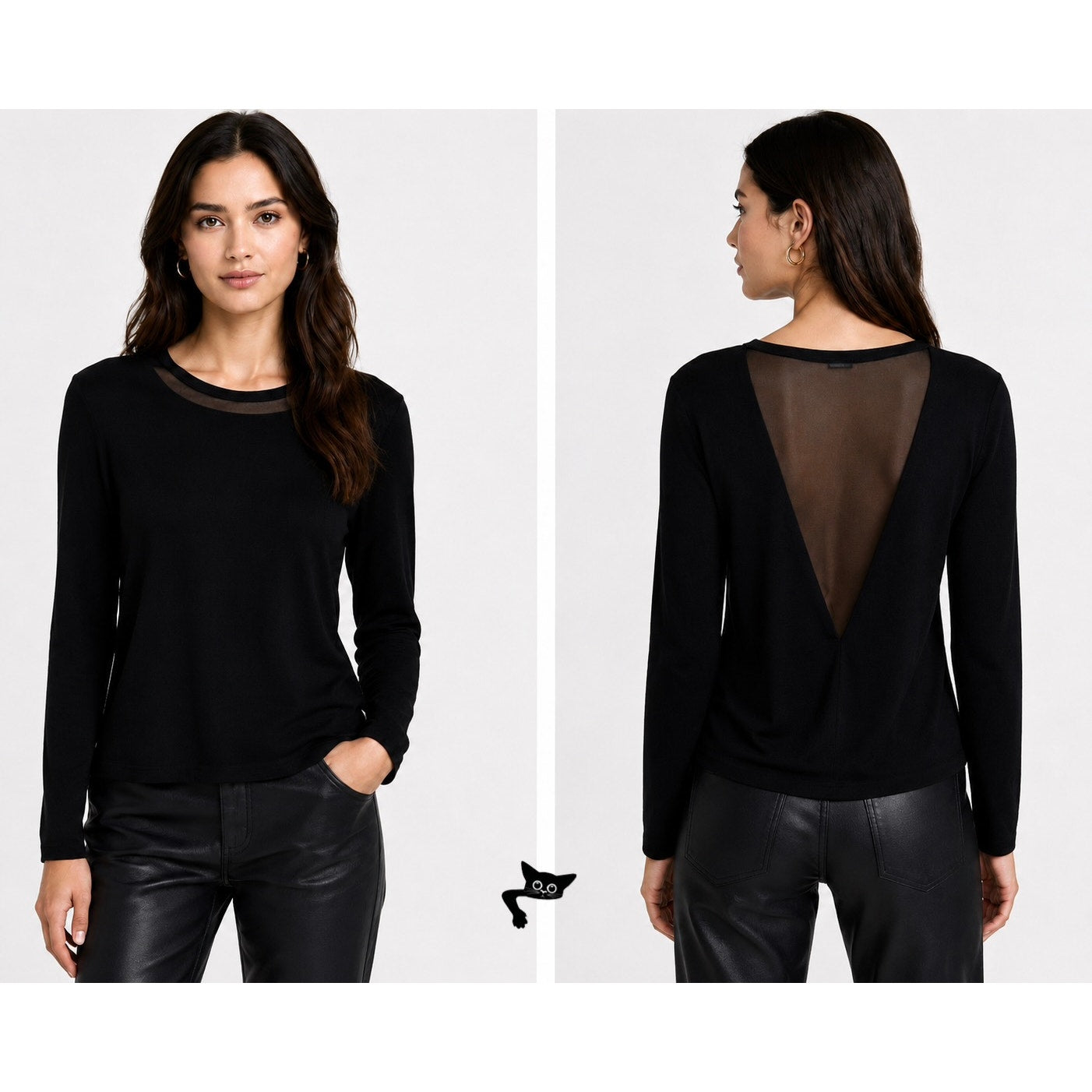 Elizabeth & James Black Sheer Mesh Yoke Long Sleeve Top Open Back Lightweight Knit XS