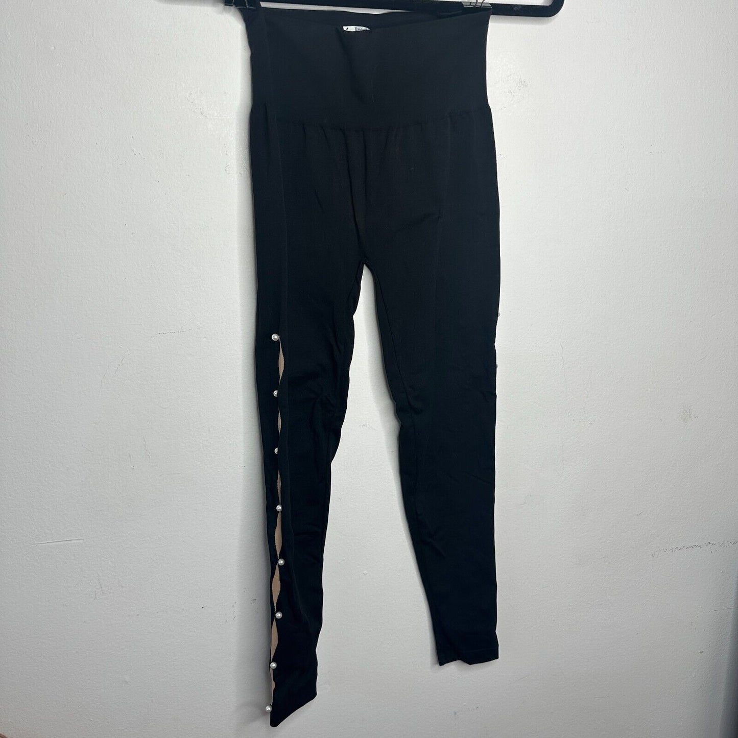 Wolford Sexy Black Linda Leggings Open Side Slit Tan & Pearl Embellishment Small