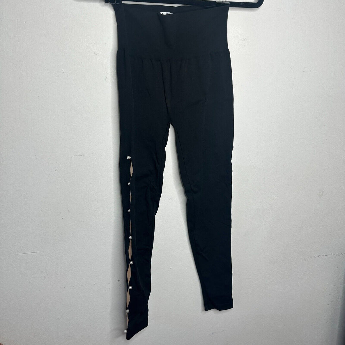 Wolford Sexy Black Linda Leggings Open Side Slit Tan & Pearl Embellishment Small