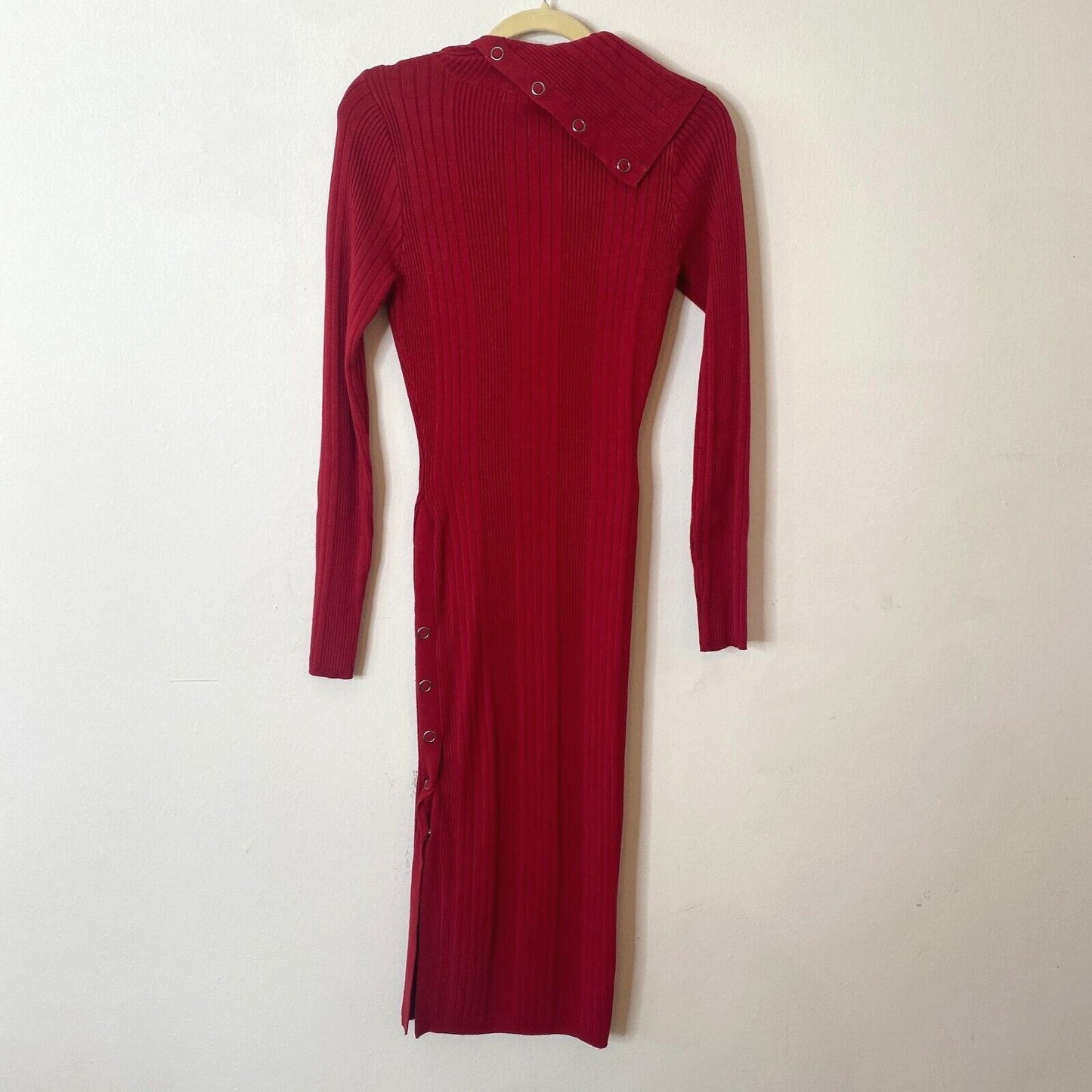 Guess Red Asymmetric Turtle Neck Bodycon Midi Sweater Dress Side Buttons XS