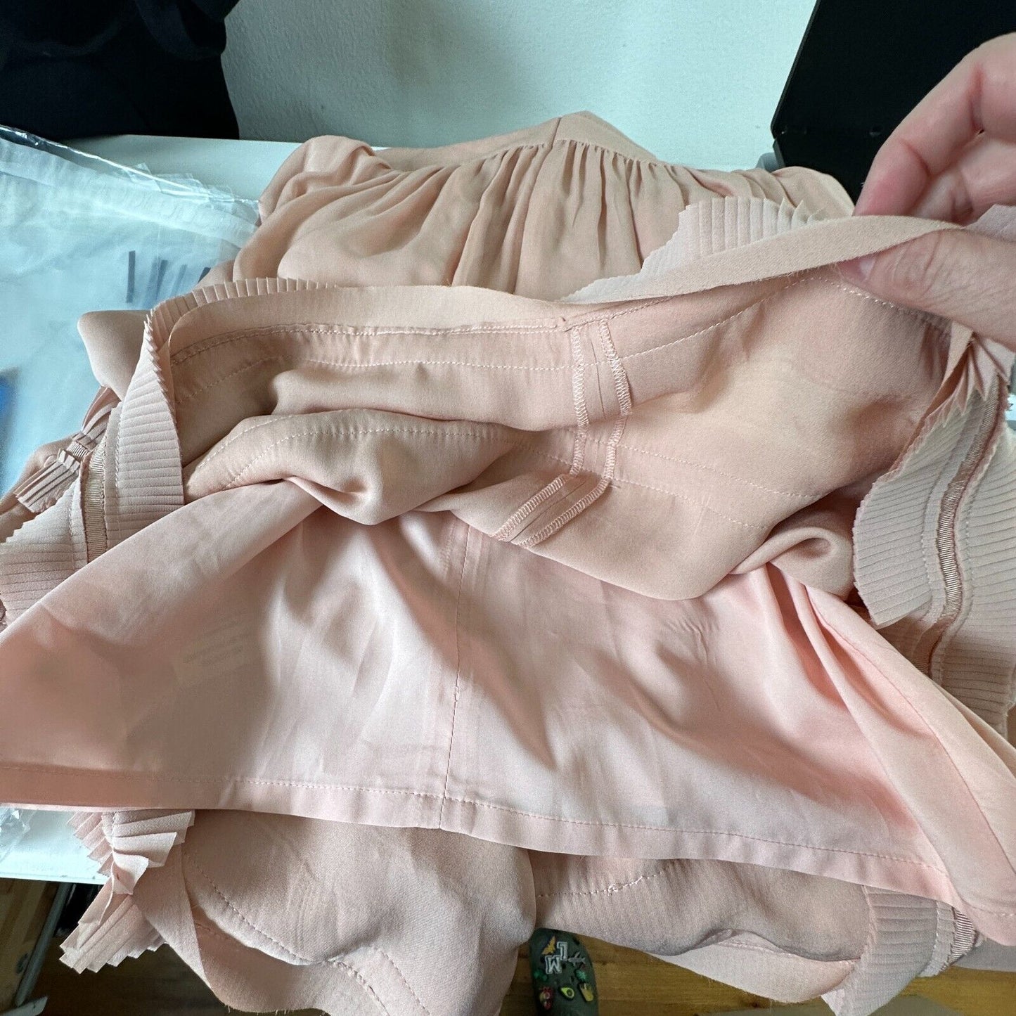 Nicholas Peachy Pink Fine Pleat Silk Long Sleeve Mini Ruffles High Neck Dress 0