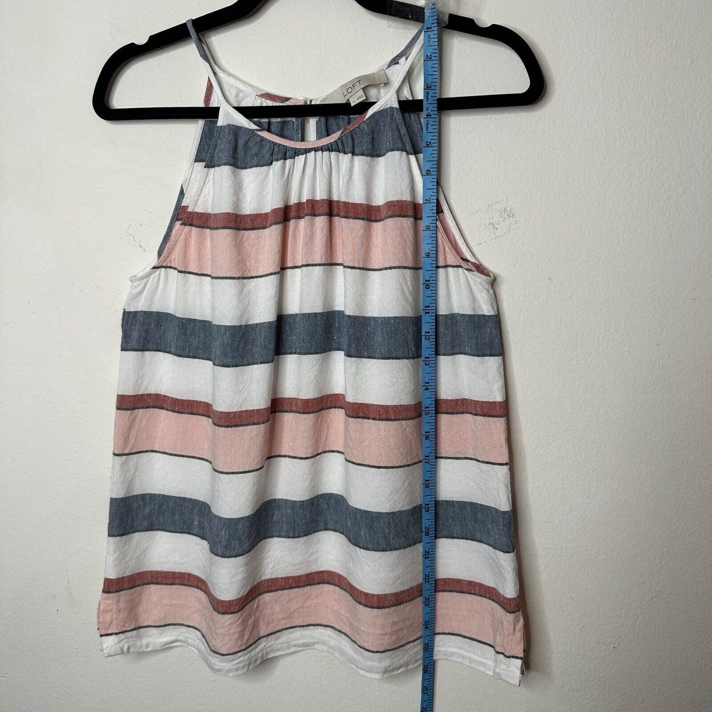 Loft Gray White Pink Stripe Linen Blend Halter Neck Sleeveless Blouse Keyhole SM