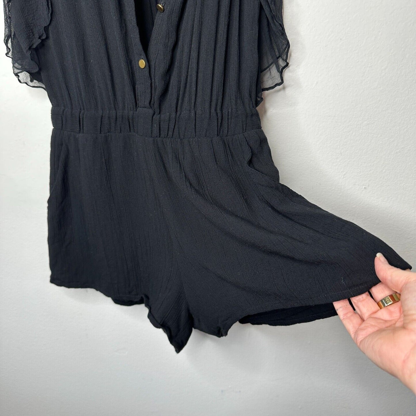 Revolve Ella Moss Black Piana Romper Tie Closure Ruffle Trim Back Cut Out S