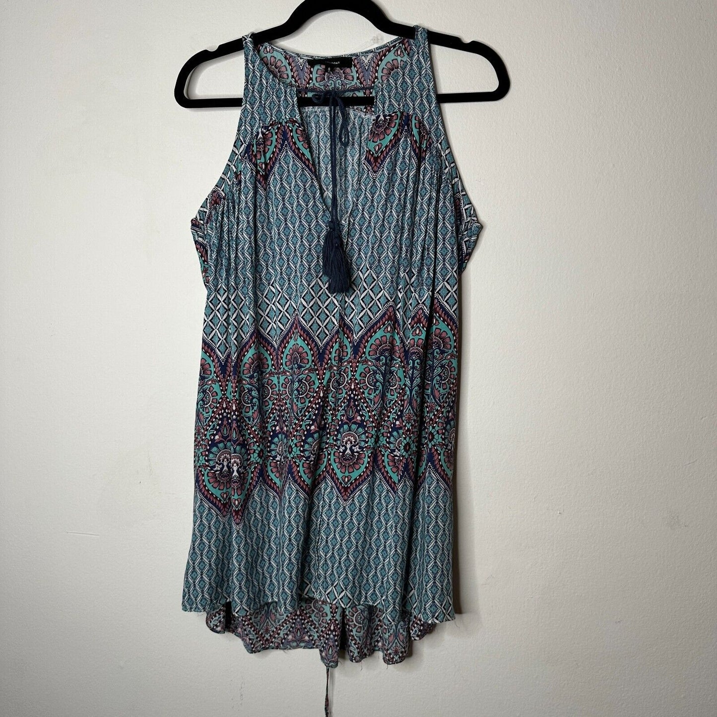 Olivaceous Teal Pink Multi Color Paisley Sleeveless Flowy Mini Tie VFront Small