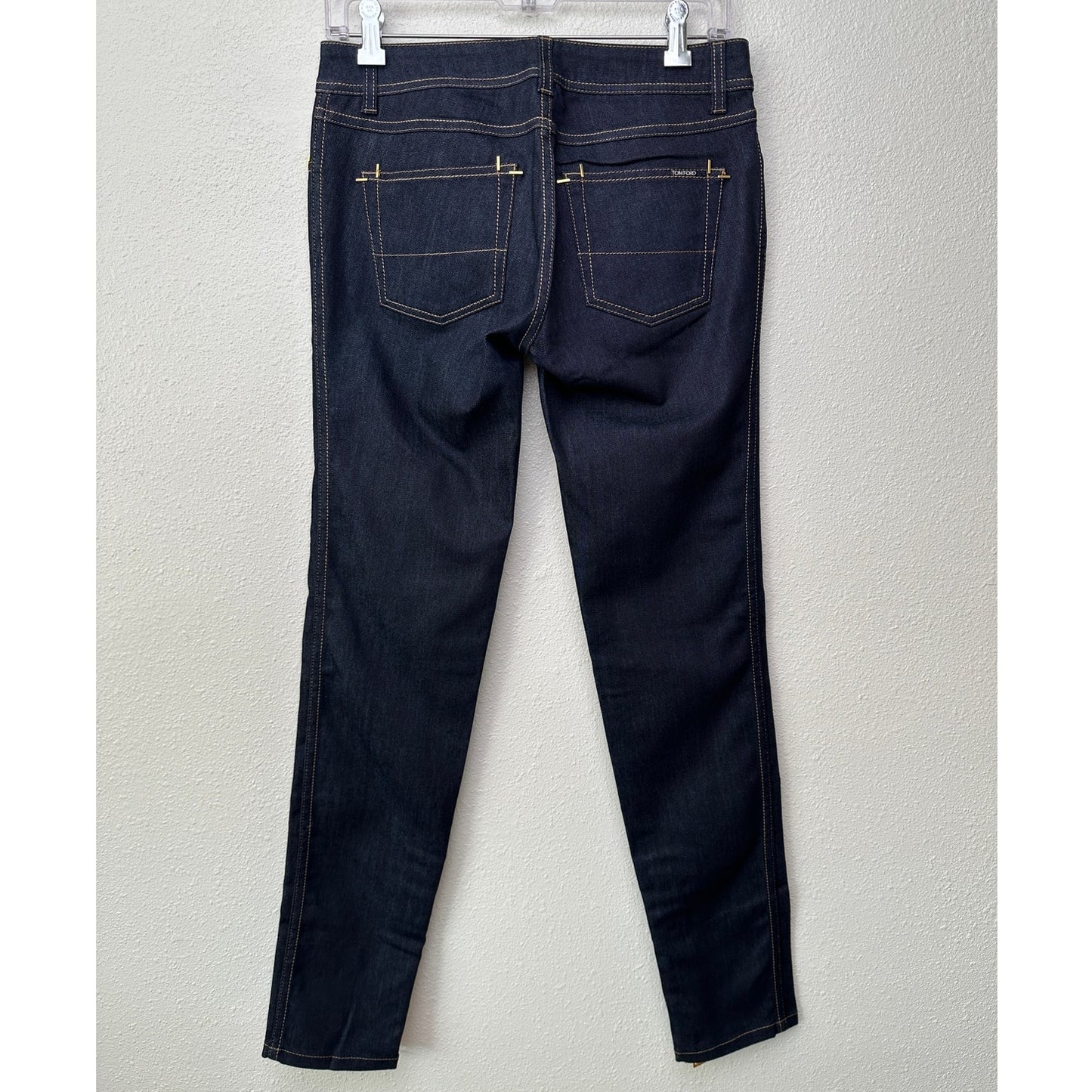 NWT Tom Ford Dark Indigo Skinny Jeans Women’s 29 Low Rise Gold Zip Ankles