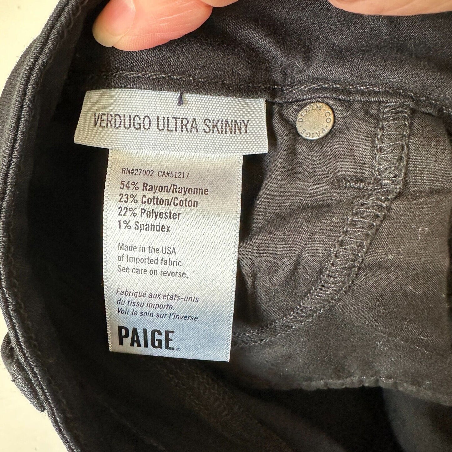 Paige Black Shadow Verdugo Ultra Skinny Jeans 5 Pocket Design Zip Fly Button 27