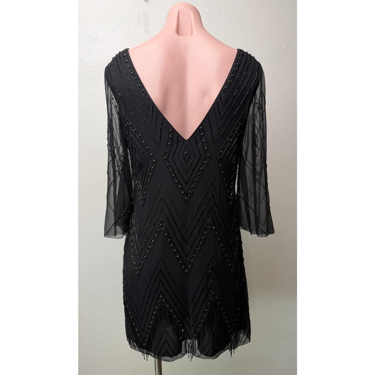 Alice + Olivia Black Beaded V Neck Mini Dress Women US 4
