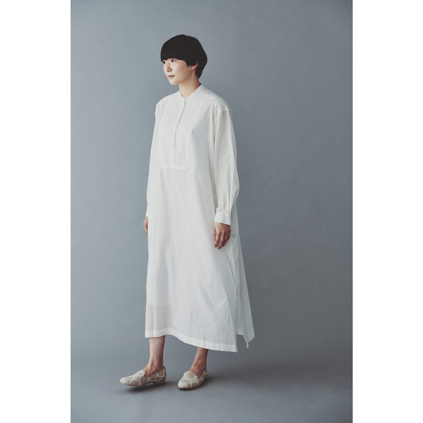 Mina Perhonen Siipi Cotton Silk White 3/4 Button Long Sleeve Shirt Dress 38 / Small