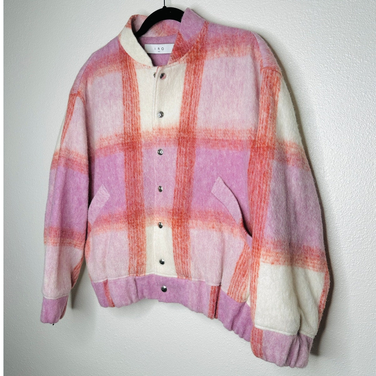 IRO Lahiana Biker Jacket Pink Tartan Plaid Long Sleeve Wool Bomber 40 / M