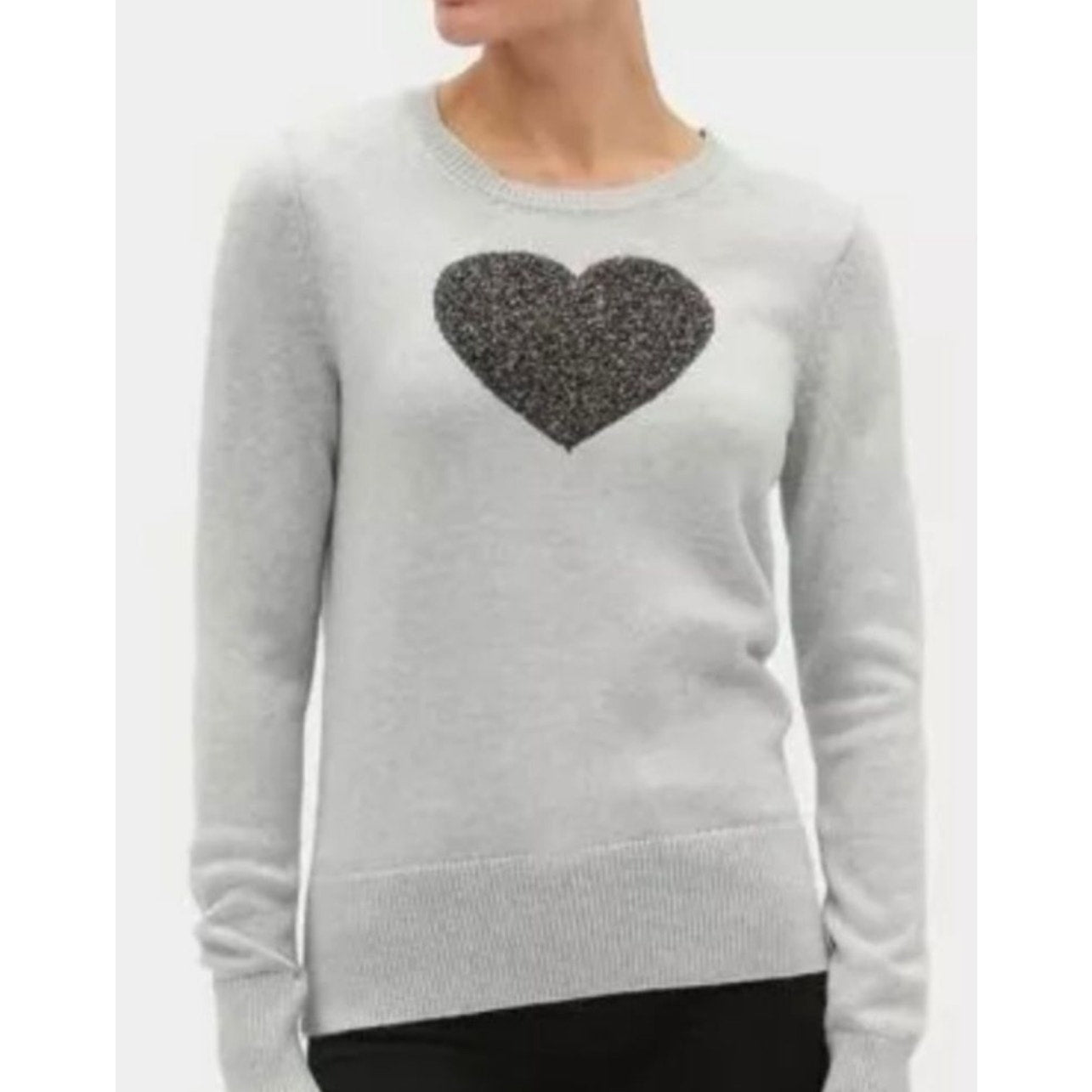 Gap Light Gray Metallic Heart Intarsia Crewneck Pullover Long Sleeve Sweater S