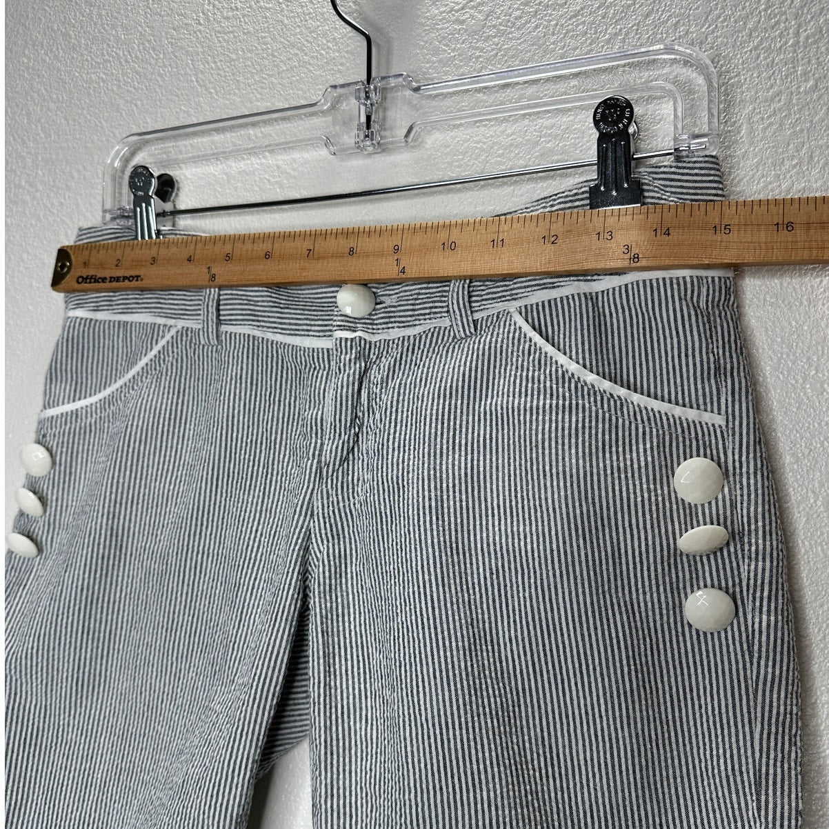 Pixxi Gray & White Striped Bermuda Shorts White Trim & Button Detail M
