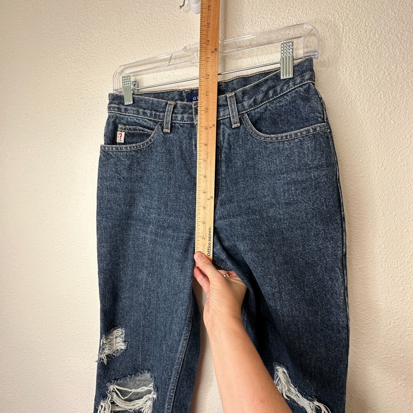 Guess Dark Blue Wash Distressed Slim Leg Raw Hem Denim Jeans 28