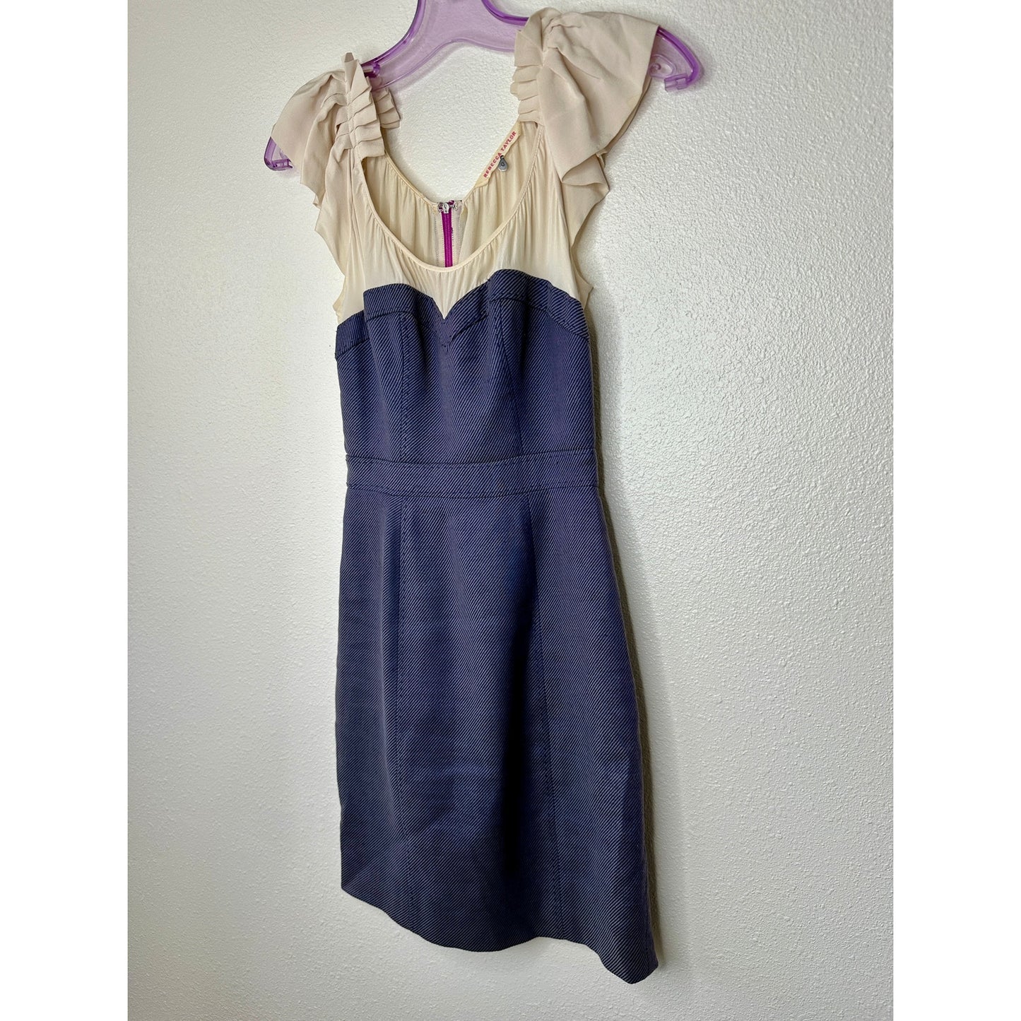 Rebecca Taylor Cream Ruffled Pleat Shoulder Blue Jean Stripe Linen Sheath Dress 0